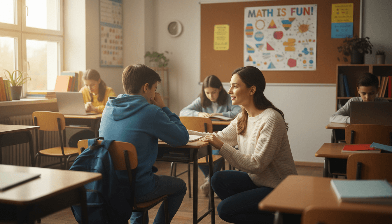 A calm teacher speaking with a worried student near a math poster in a quiet classroom moment
