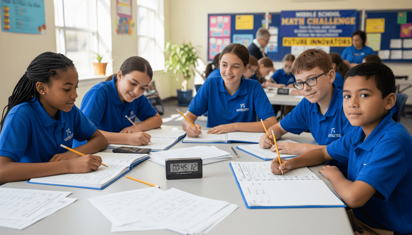 A middle school math team at a competition table with score sheets, pencils, and team folders