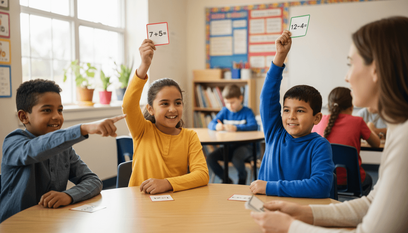 Second graders practicing math fact fluency with flash cards at a small table in a classroom