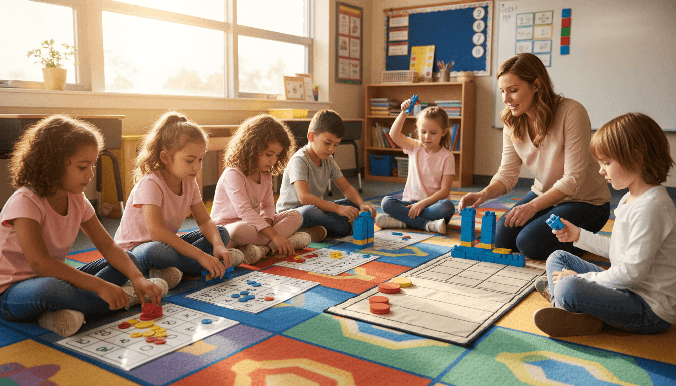 Young students using counters, base ten blocks, and ten frames at a classroom rug during math