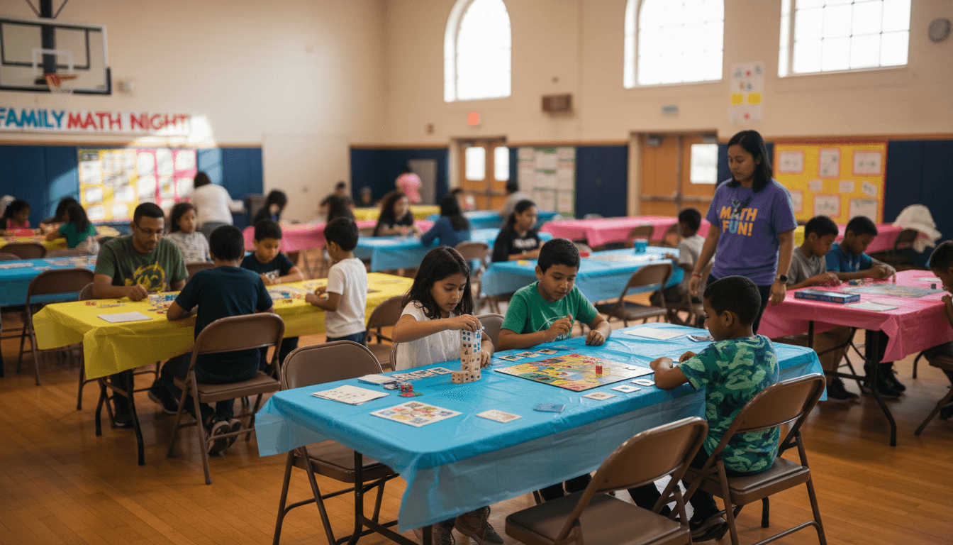 Parents and kids playing math games together at folding tables in a school gym during family math night