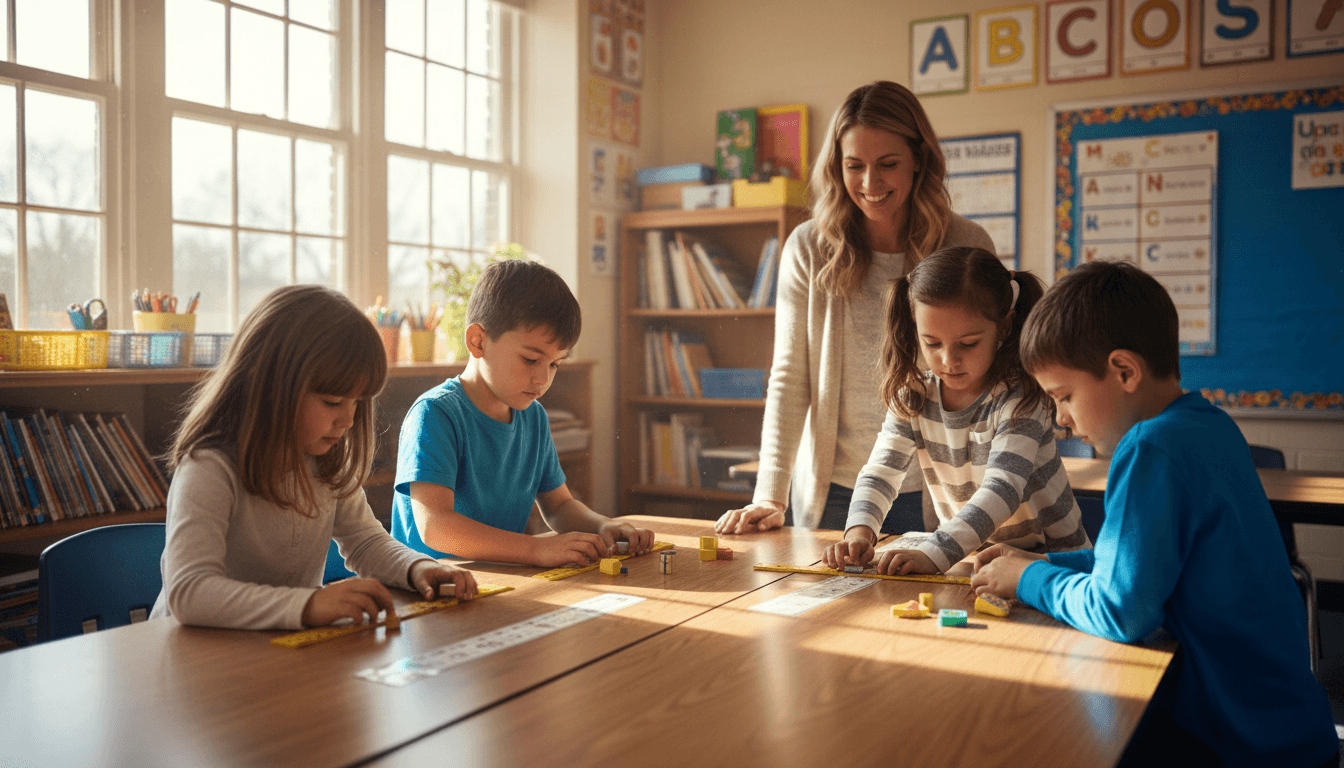 Second graders measuring small objects with rulers at a classroom table while sunlight streams in through the windows