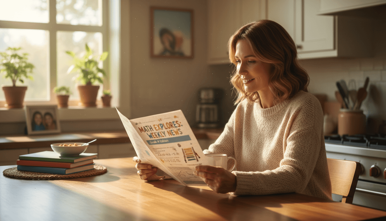 A parent reading a printed math newsletter at the kitchen counter while morning light comes through the window