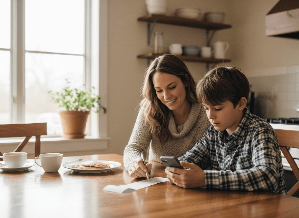 A parent and seventh grader figuring out a restaurant tip together on a receipt at a kitchen table