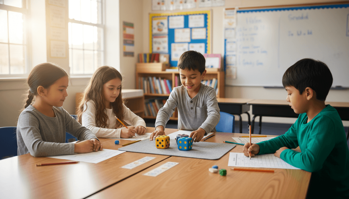 Students rolling dice and recording the outcomes on data sheets at a classroom table