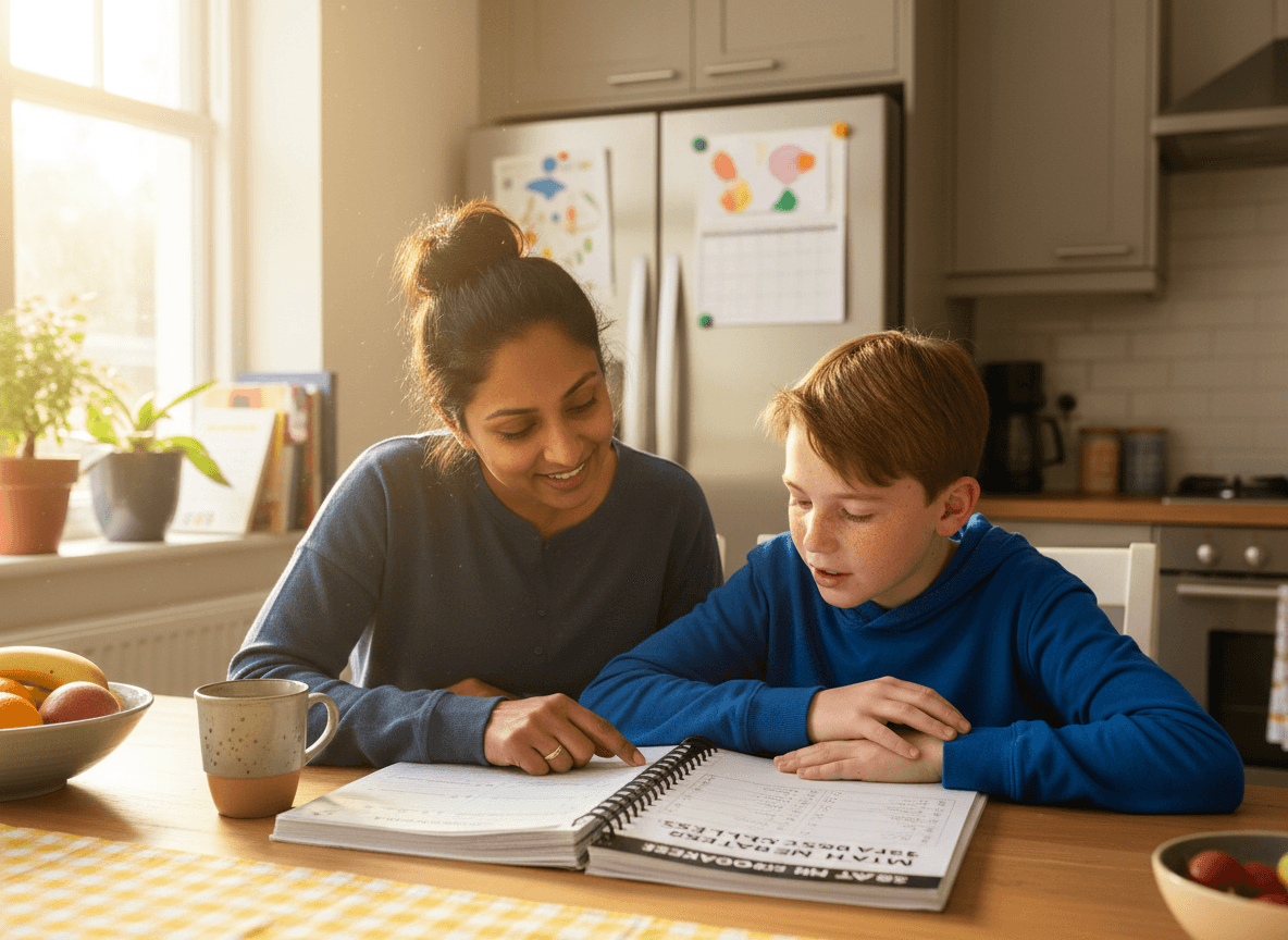 A parent and a fifth grader looking over a printed test-prep packet at the kitchen table