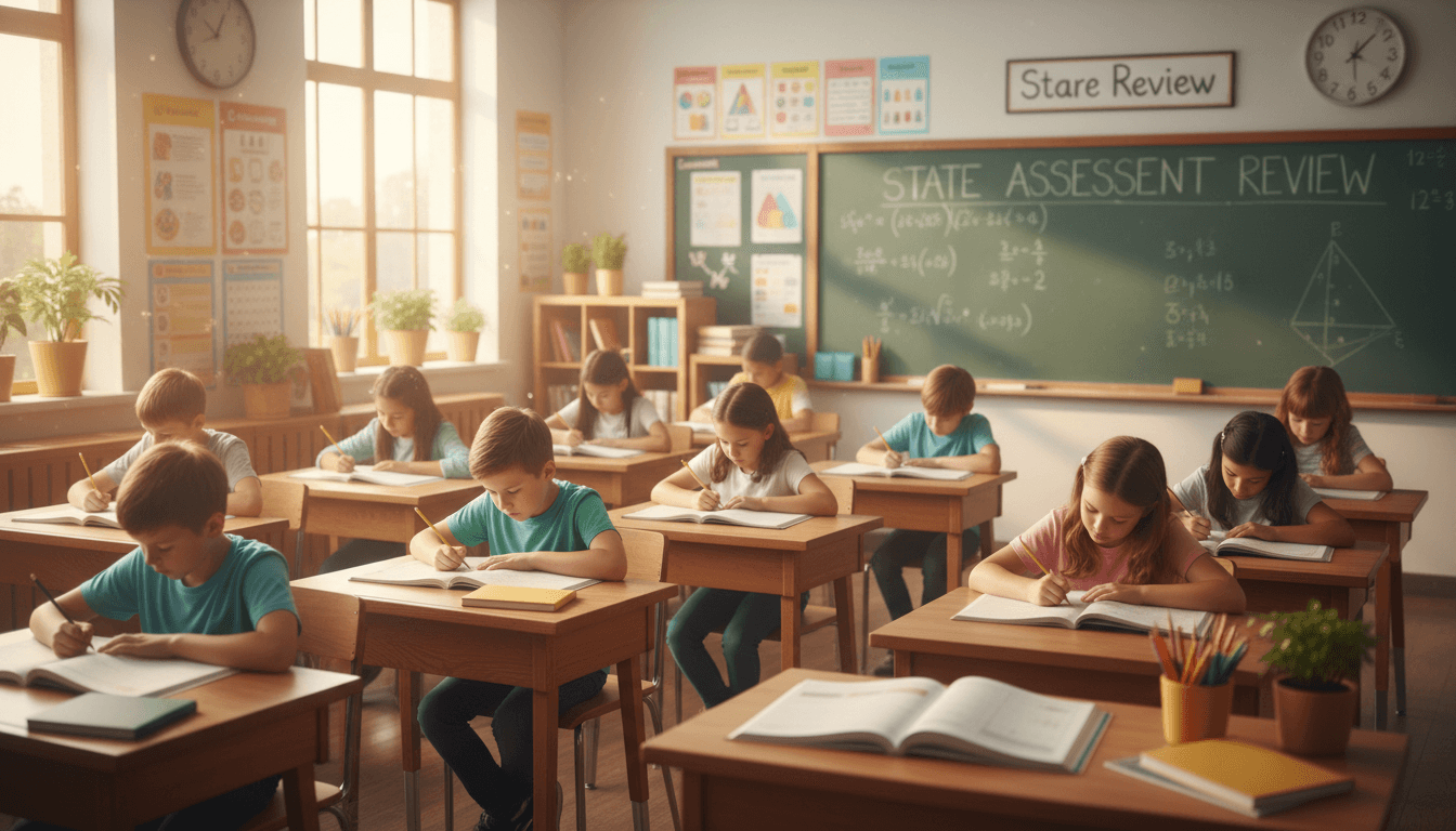 Students focused on math review problems for state assessment at their desks in a classroom