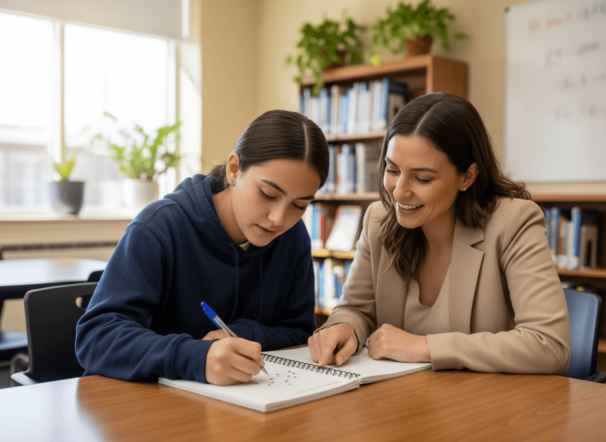 A high schooler working on a scatter plot in a notebook with a parent reviewing the graph beside them