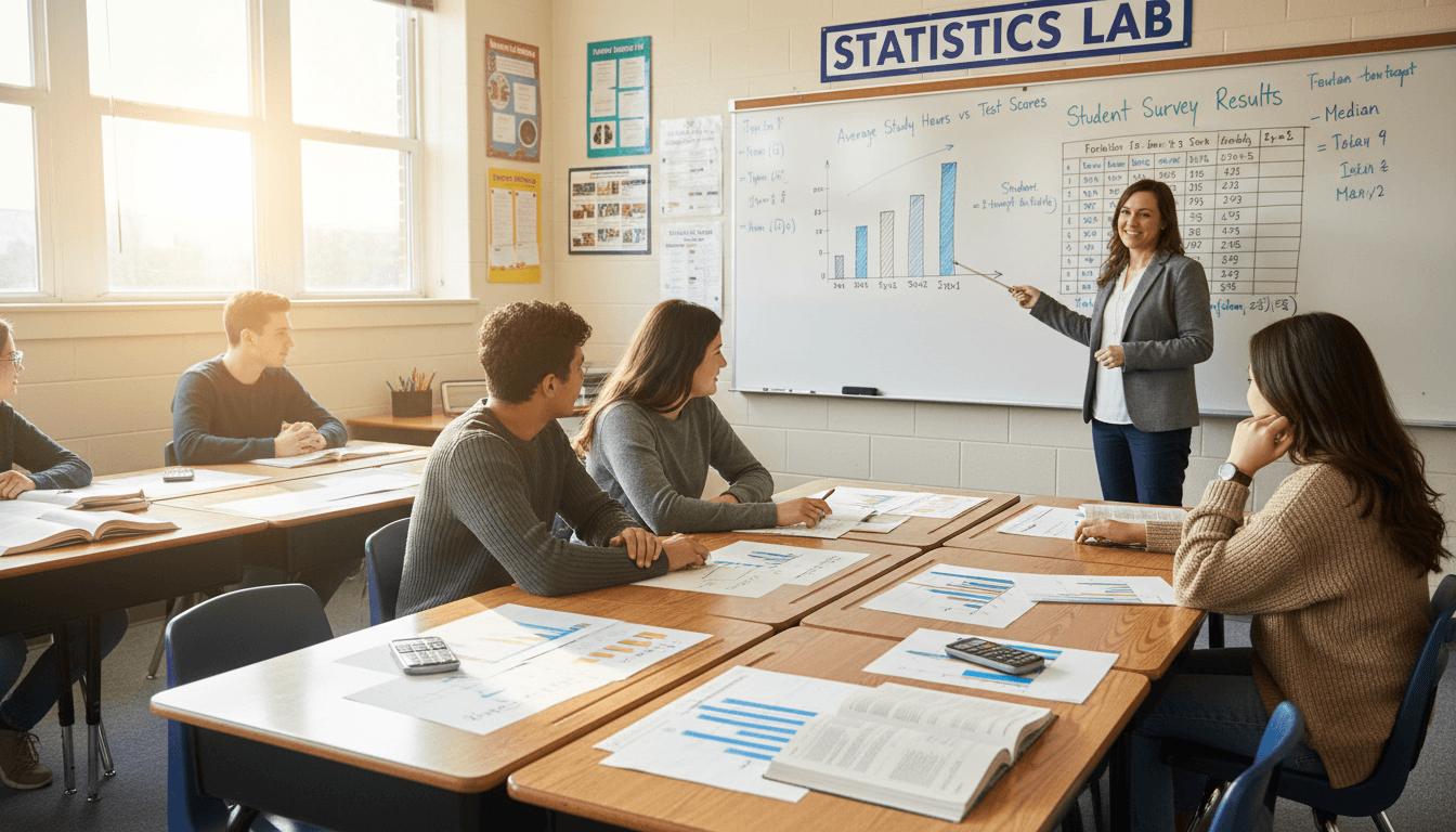 A high school statistics classroom with bar charts and data tables drawn on student desks and the whiteboard