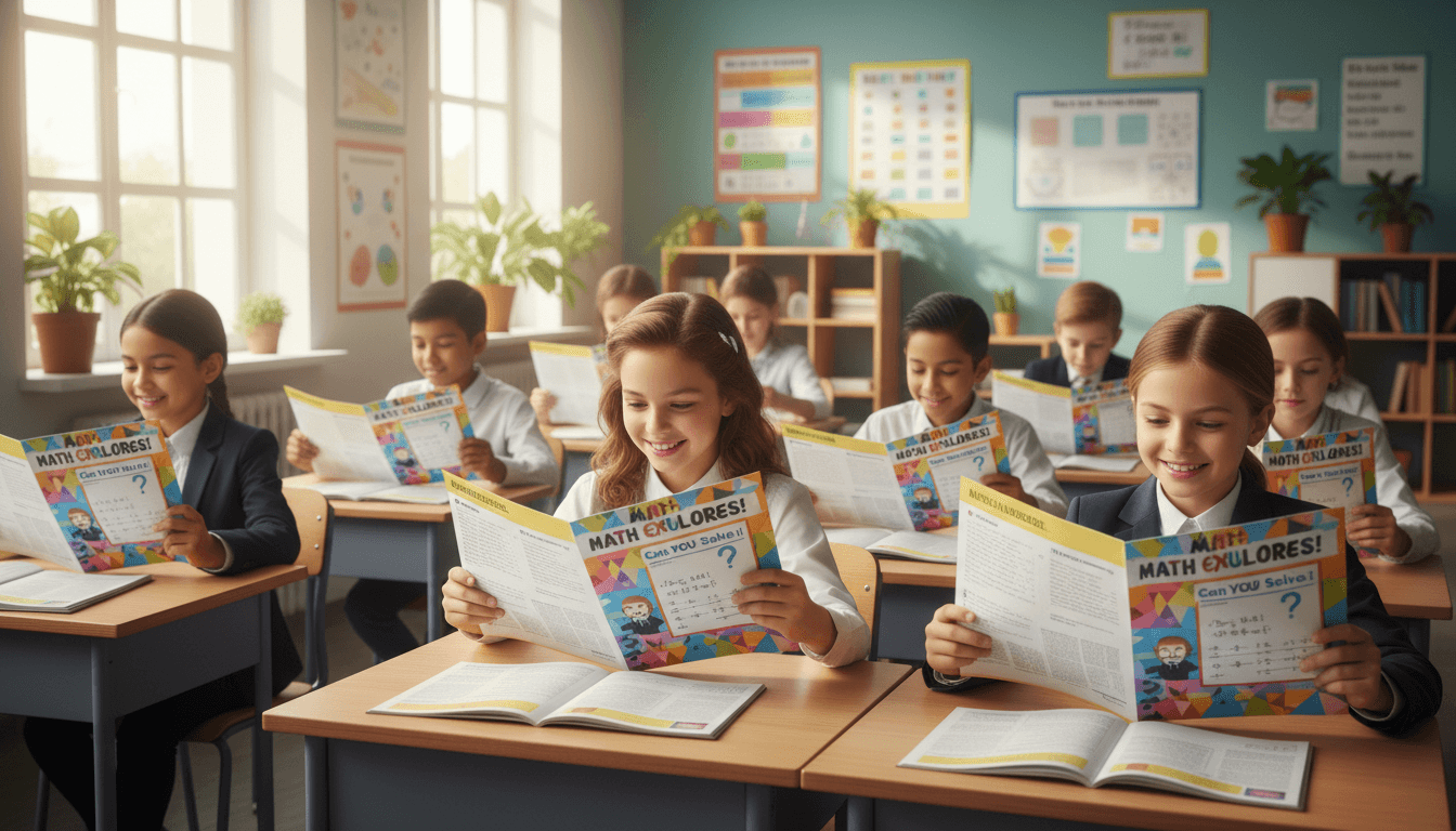 Students at their desks reading a colorful math newsletter with a math challenge box highlighted on the page