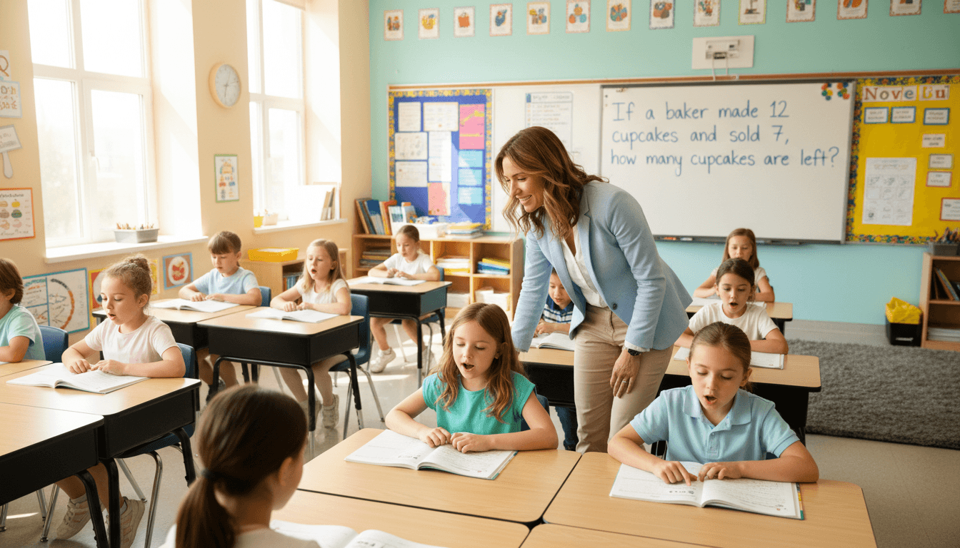 Elementary students reading word problems aloud at their desks while their teacher walks between rows