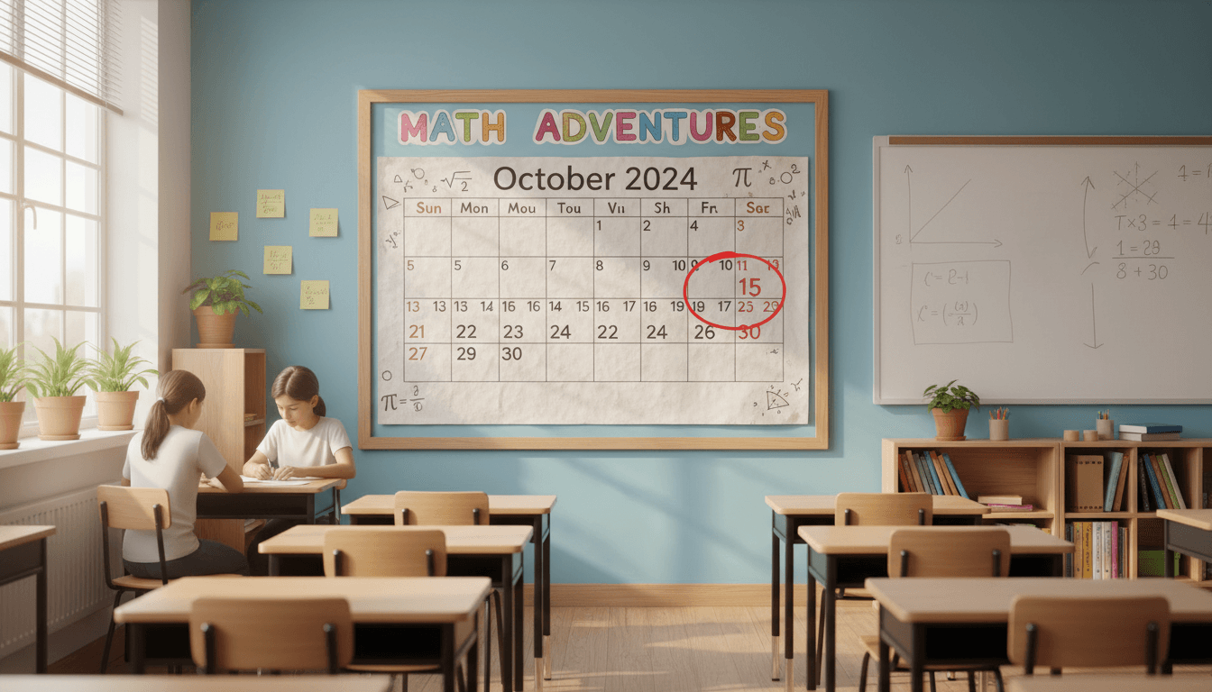 A wall calendar in a math classroom with the current month circled in red marker