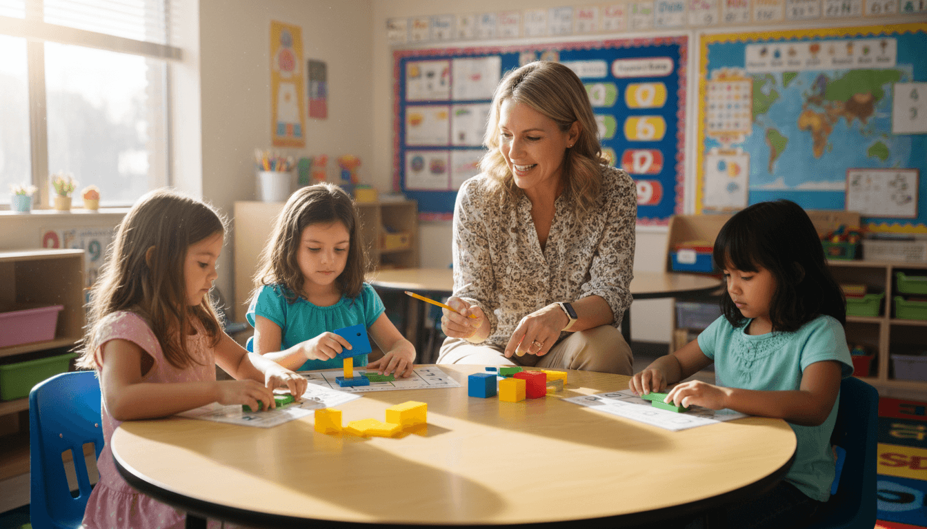 A second grade teacher and a small group of students working with base ten blocks at a low table