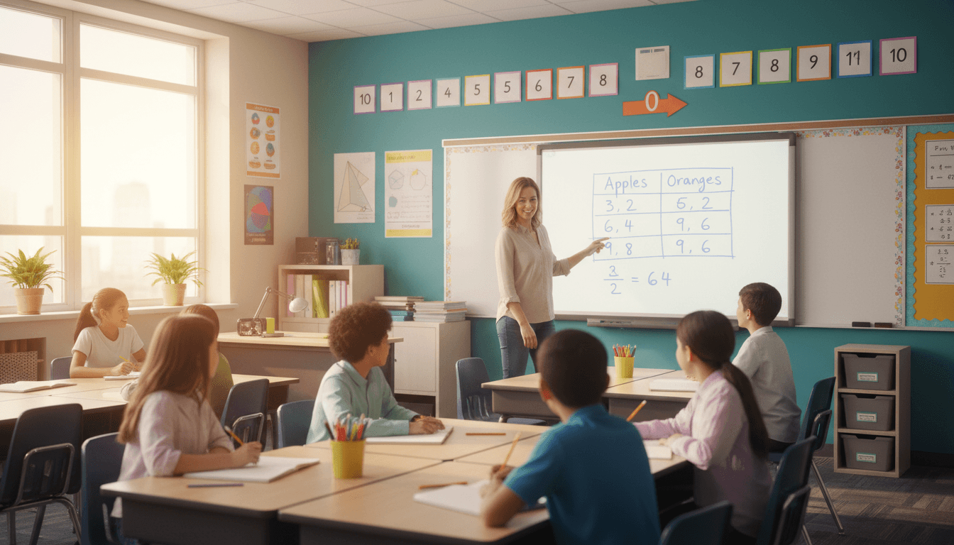 A sixth grade math classroom with a ratio table on the whiteboard and a number line of integers across the wall