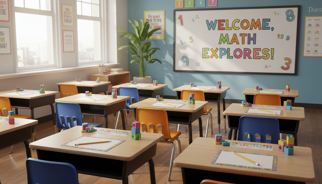 A bright math classroom on the first day of school with sharpened pencils, name tags, and manipulatives laid out on each desk