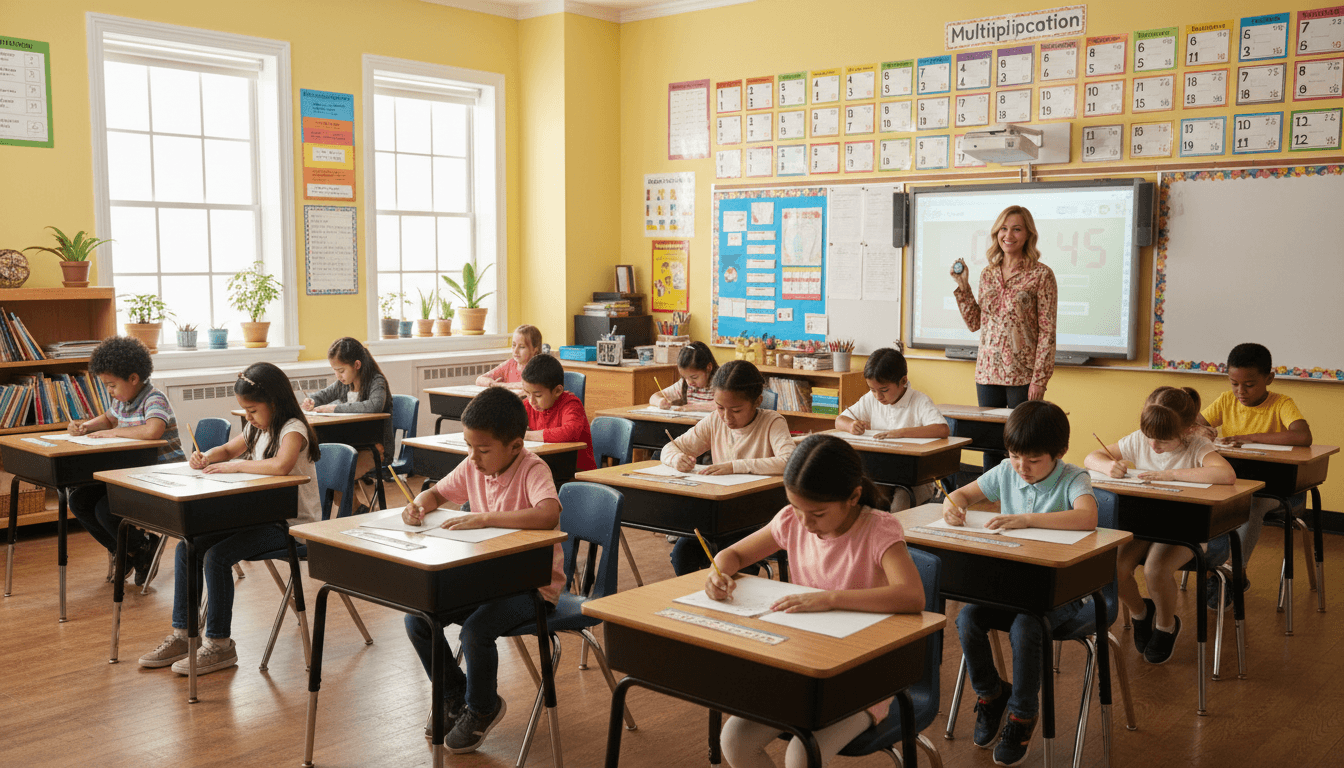 A third grade classroom with multiplication charts on the wall and students doing a timed drill at their desks