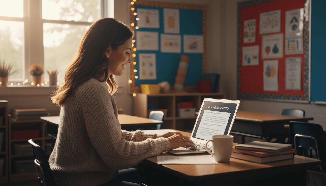 A teacher writing a quick weekly newsletter at a clean classroom desk on a Sunday evening