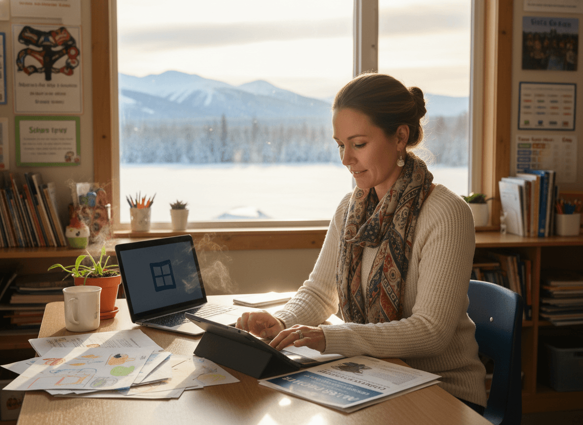 A teacher in a rural Alaska school reviewing communication materials at a desk with a window showing a snowy landscape