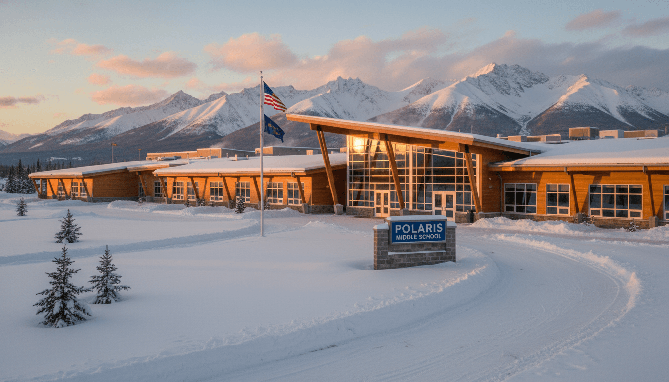 An Alaska middle school exterior with snow-covered mountains visible in the background