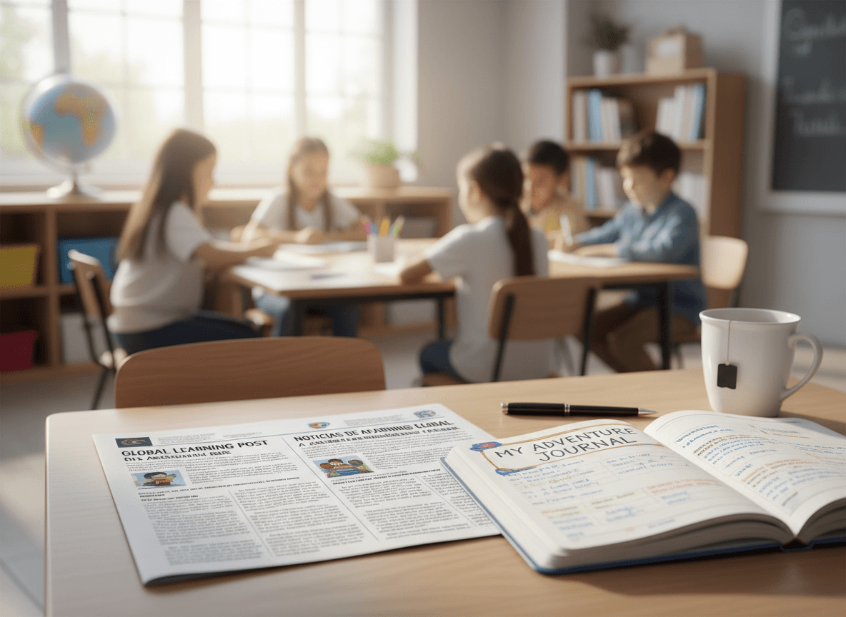 Multilingual newsletter printed in two languages on a desk next to a student's writing journal