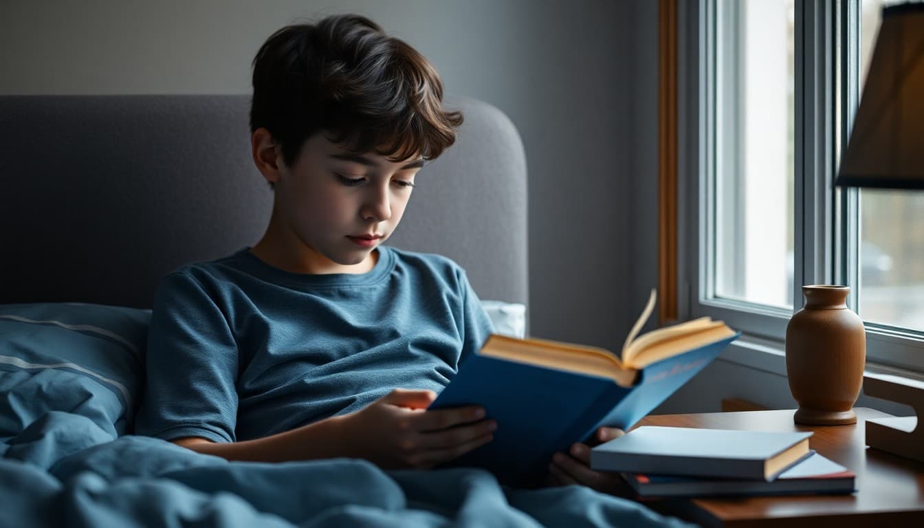 Eighth grade student reading a novel before bed with a reading log journal on the nightstand