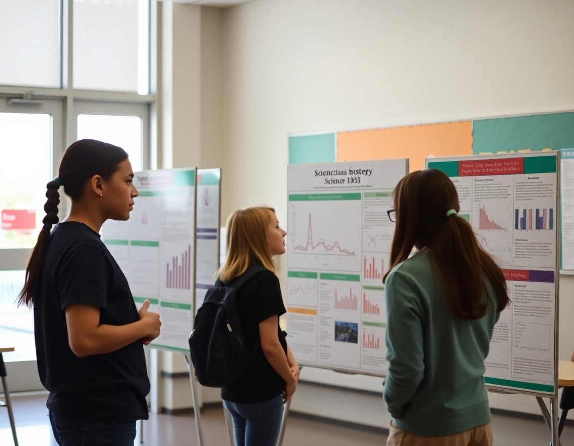 8th grade science fair display boards with complex data charts and written analysis