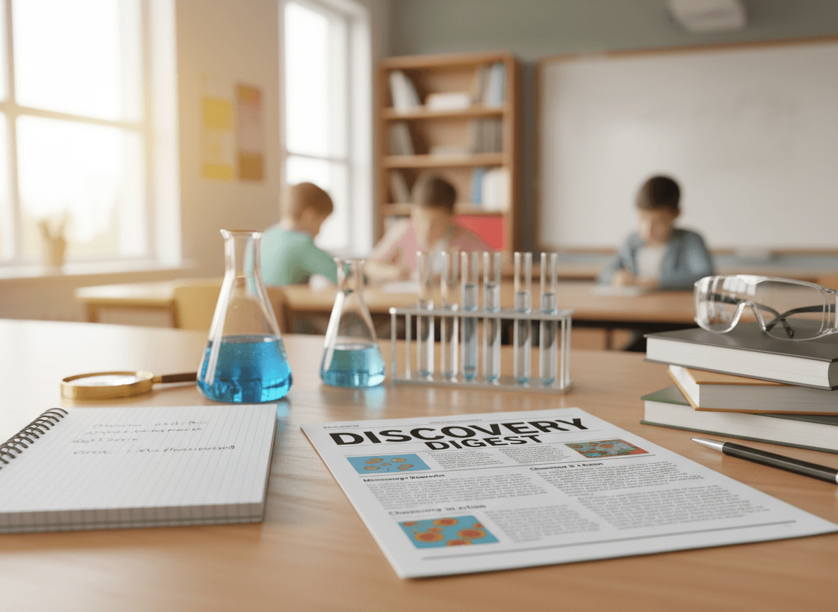 Close-up of a science newsletter printout next to lab materials and a student notebook