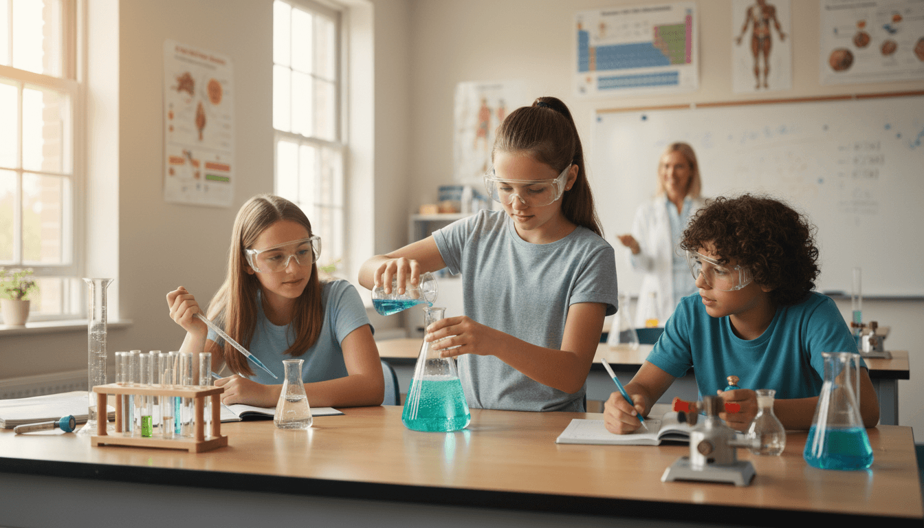 Eighth grade students conducting a lab experiment with beakers and safety goggles in a science classroom