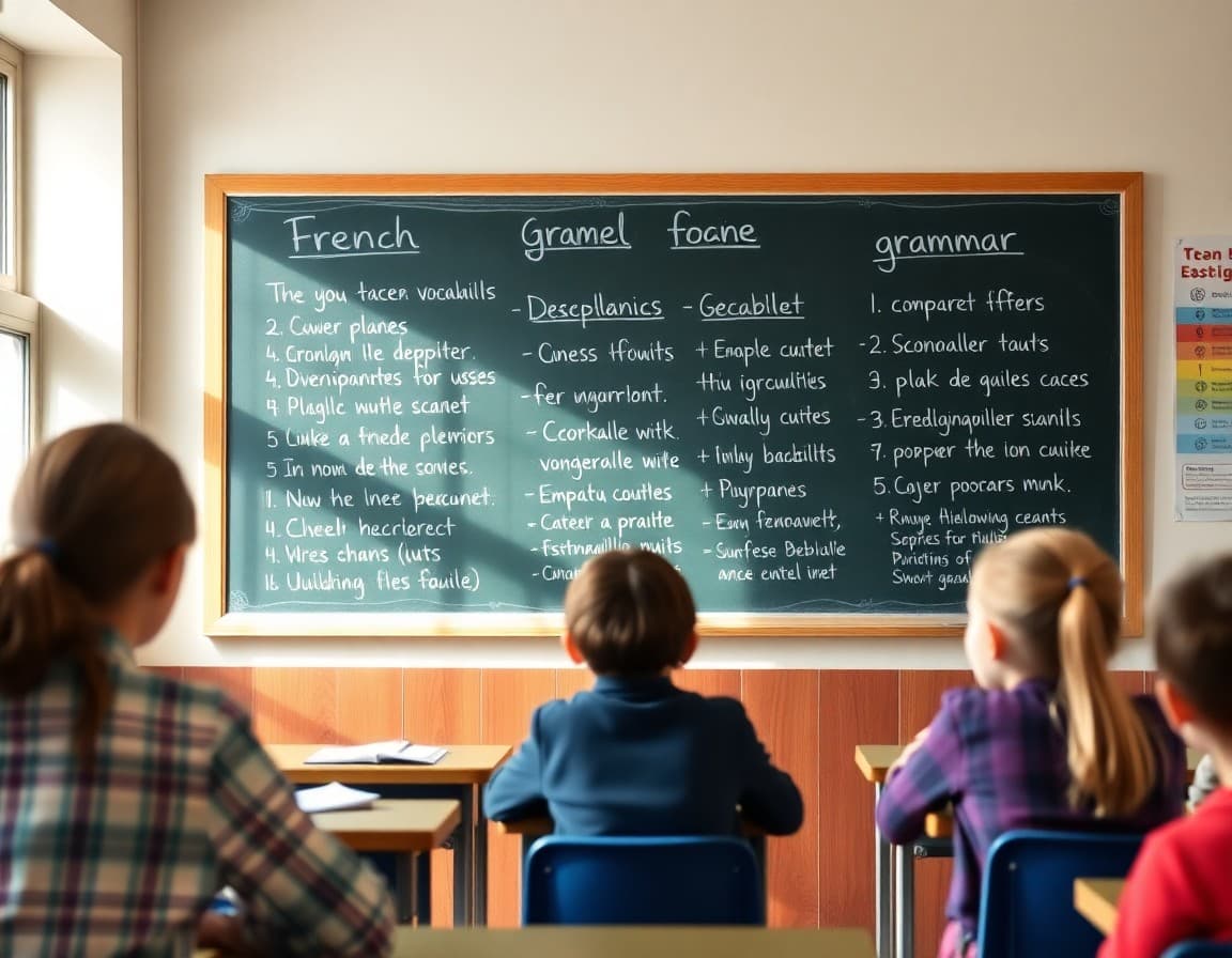 French vocabulary and grammar notes displayed on a middle school classroom chalkboard