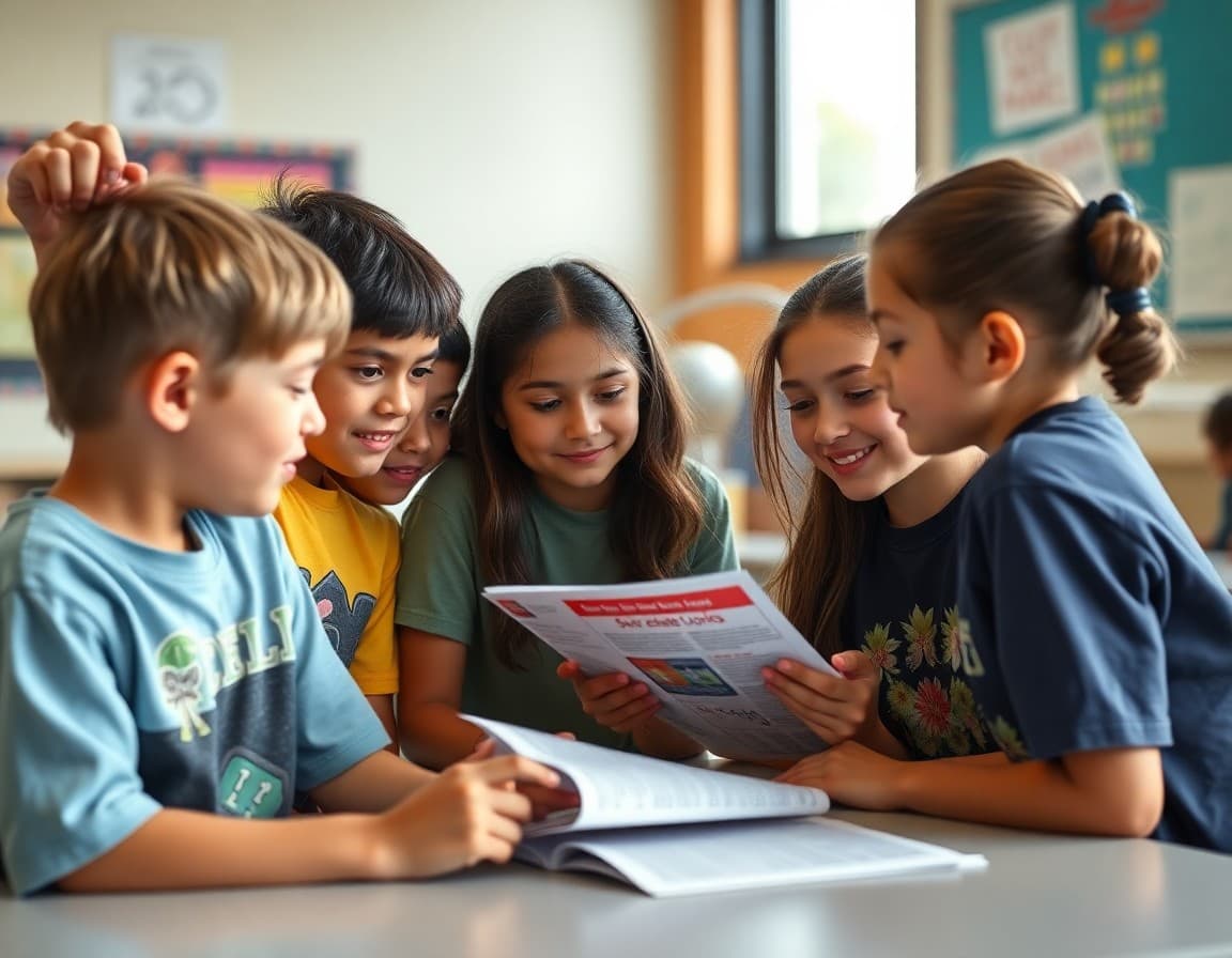 Middle school students in Hawaii reviewing class newsletter with their teacher