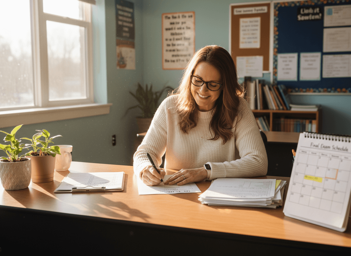 Eighth grade teacher writing May newsletter at desk with promotion checklist and final exam schedule nearby