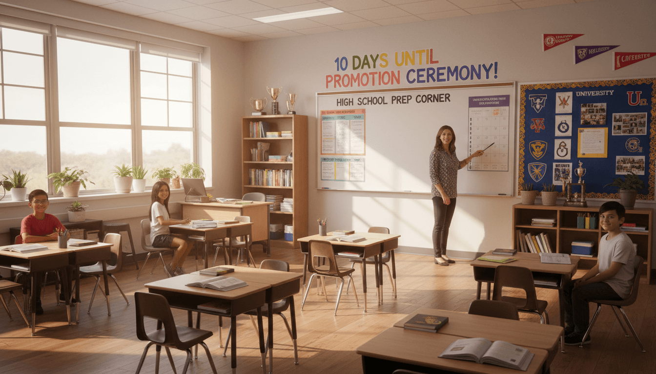 Eighth grade classroom in May with high school prep materials and promotion ceremony countdown on the board