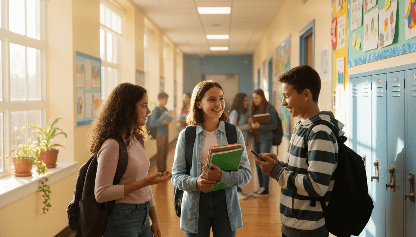 Group of middle school students talking in a school hallway
