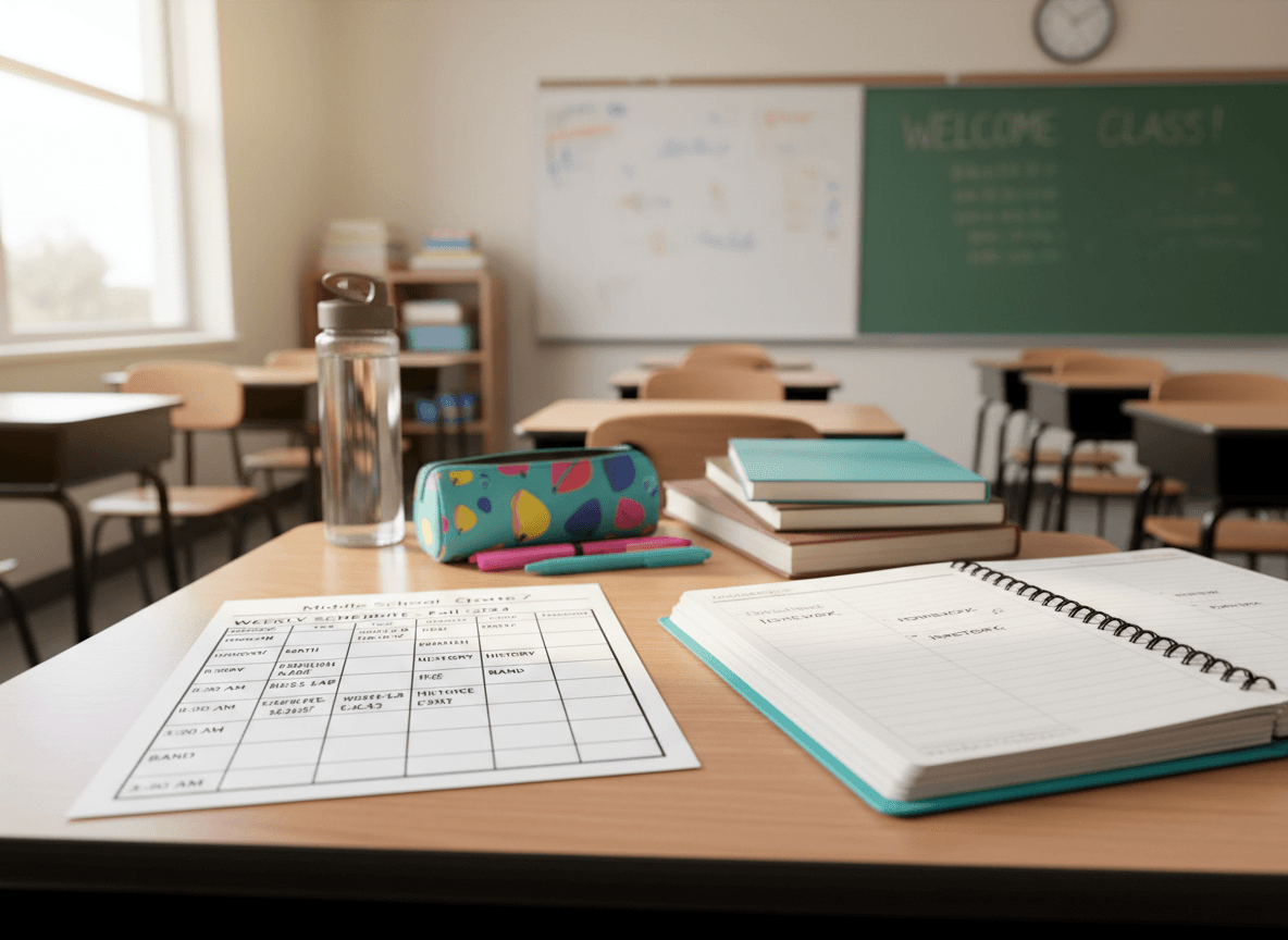 A sample middle school weekly schedule printed on paper next to a planner on a student desk