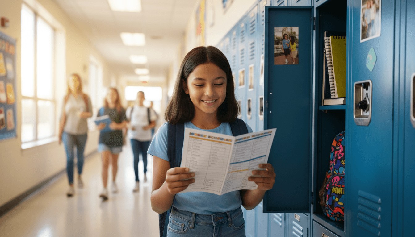 Middle school student looking at a printed class schedule while standing at an open locker