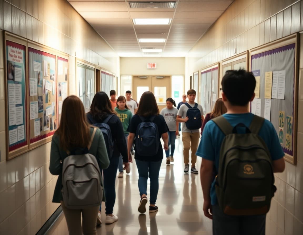 Oklahoma middle school hallway with students and bulletin boards with school activities displayed
