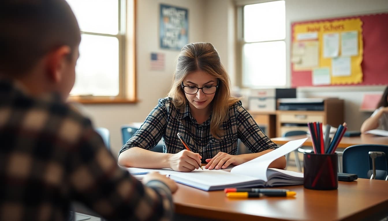 Middle school teacher in Oklahoma writing a newsletter for parents at her classroom desk