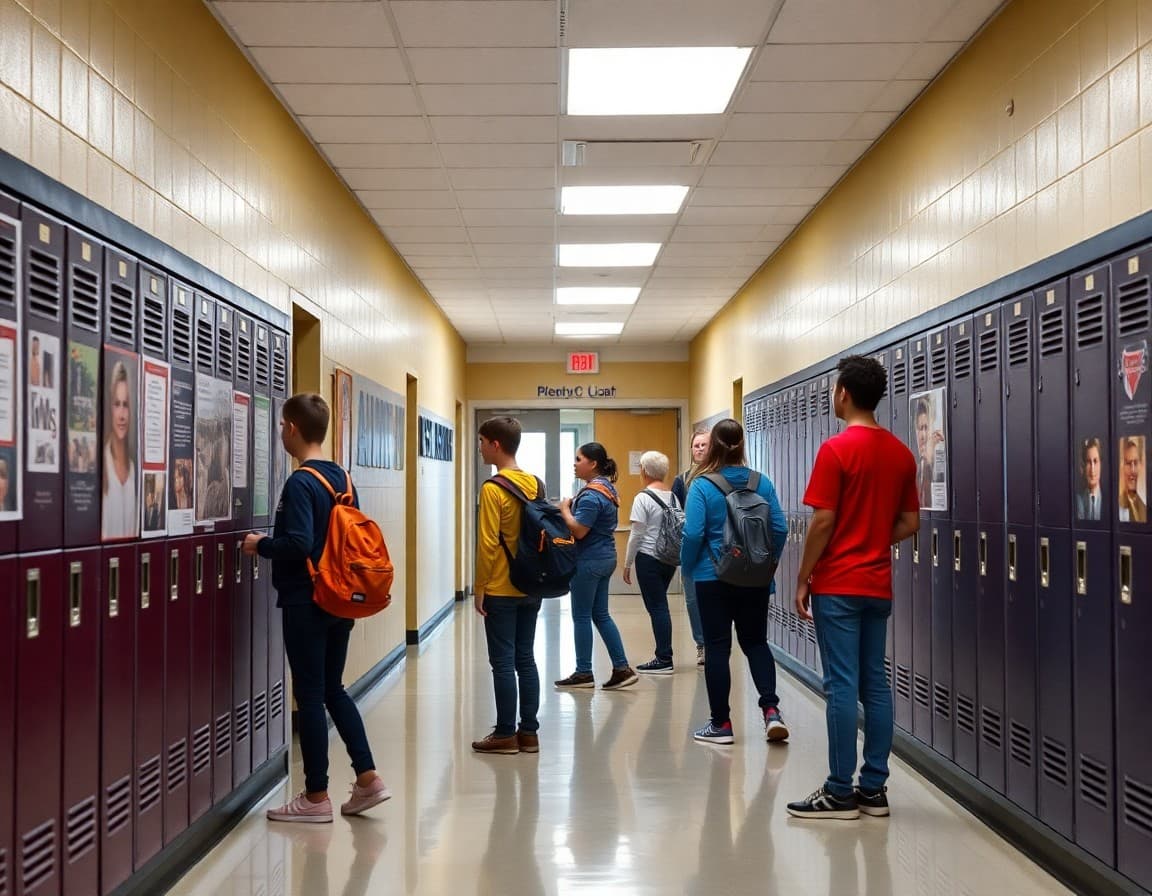 Pennsylvania middle school hallway with students near lockers and Pennsylvania history displays