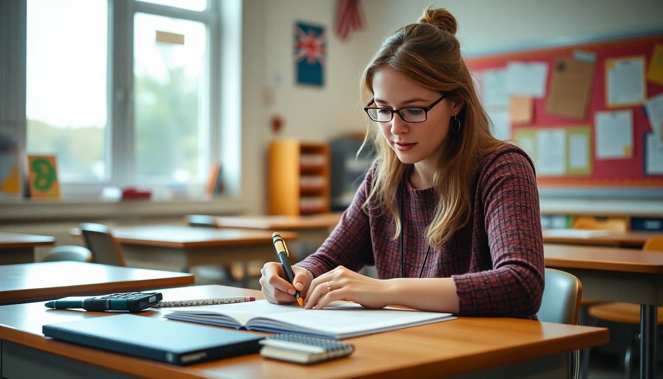 Middle school teacher in Pennsylvania writing a newsletter for parents at her classroom desk