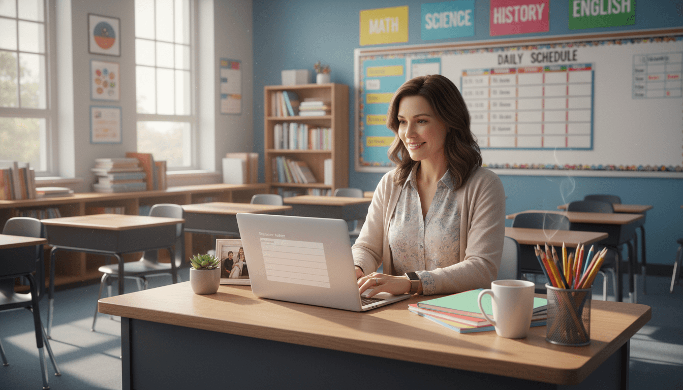 Sixth grade classroom teacher at desk in September, bulletin board visible