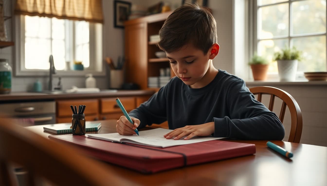 Seventh grade student working through math practice problems on paper at a kitchen table