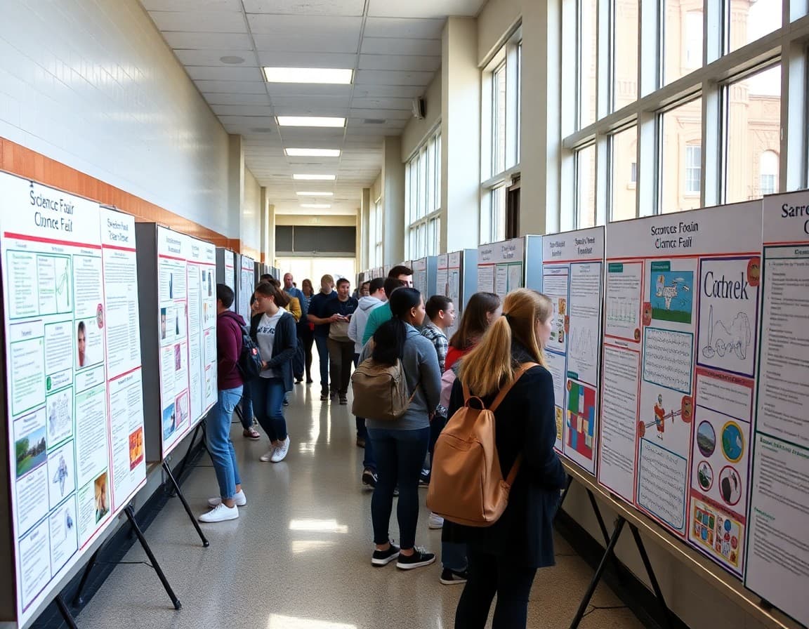7th grade science fair display boards set up in a school hallway ready for judging