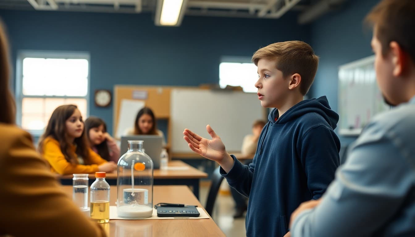 Seventh grade student explaining their science fair experiment to a panel of judges