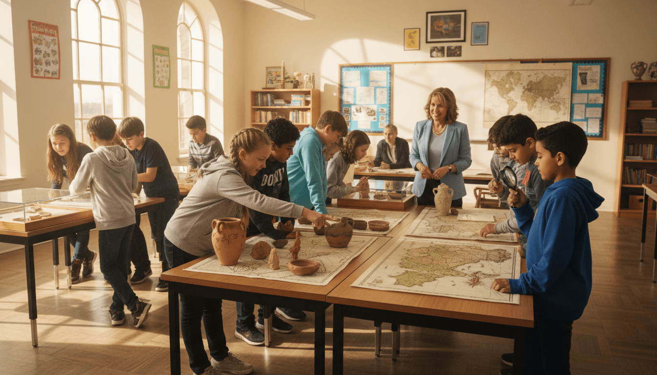 Sixth grade students examining ancient civilization artifacts and maps