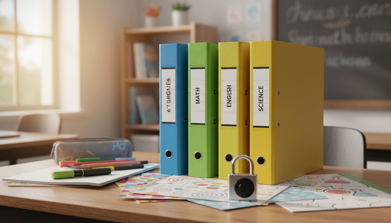Sixth grade school supplies including binders, folders, and a combination lock