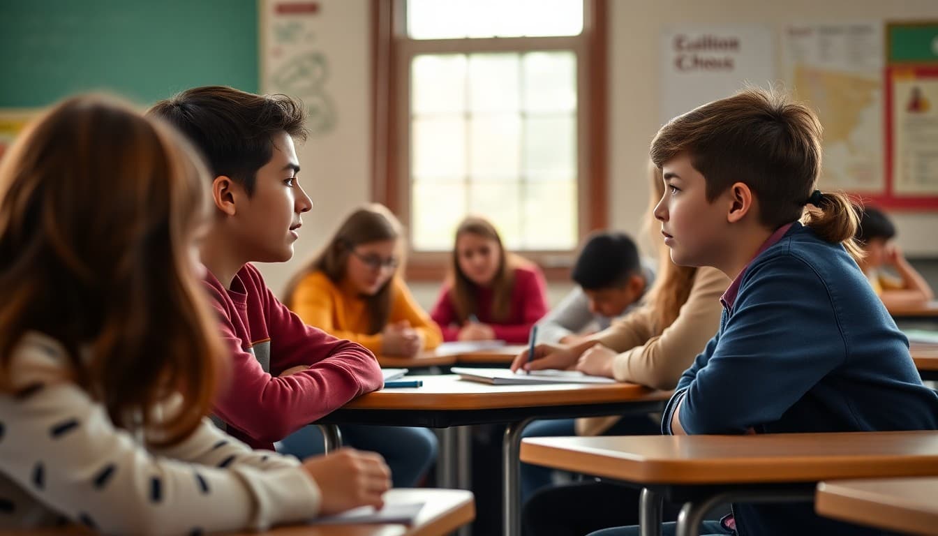 Middle school students practicing Spanish conversation in pairs during a language class