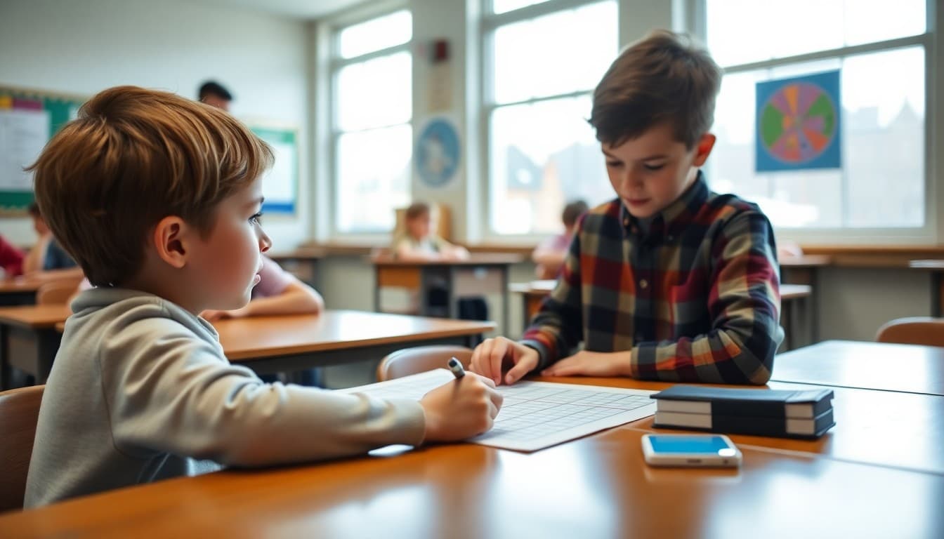 Middle school student plotting points on a coordinate plane graph at a classroom desk