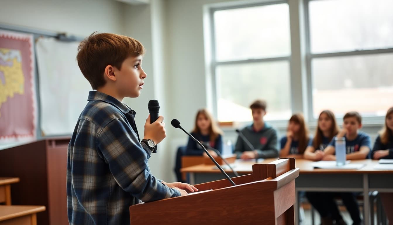 Middle school debater at a podium delivering a timed argument to a panel of student judges