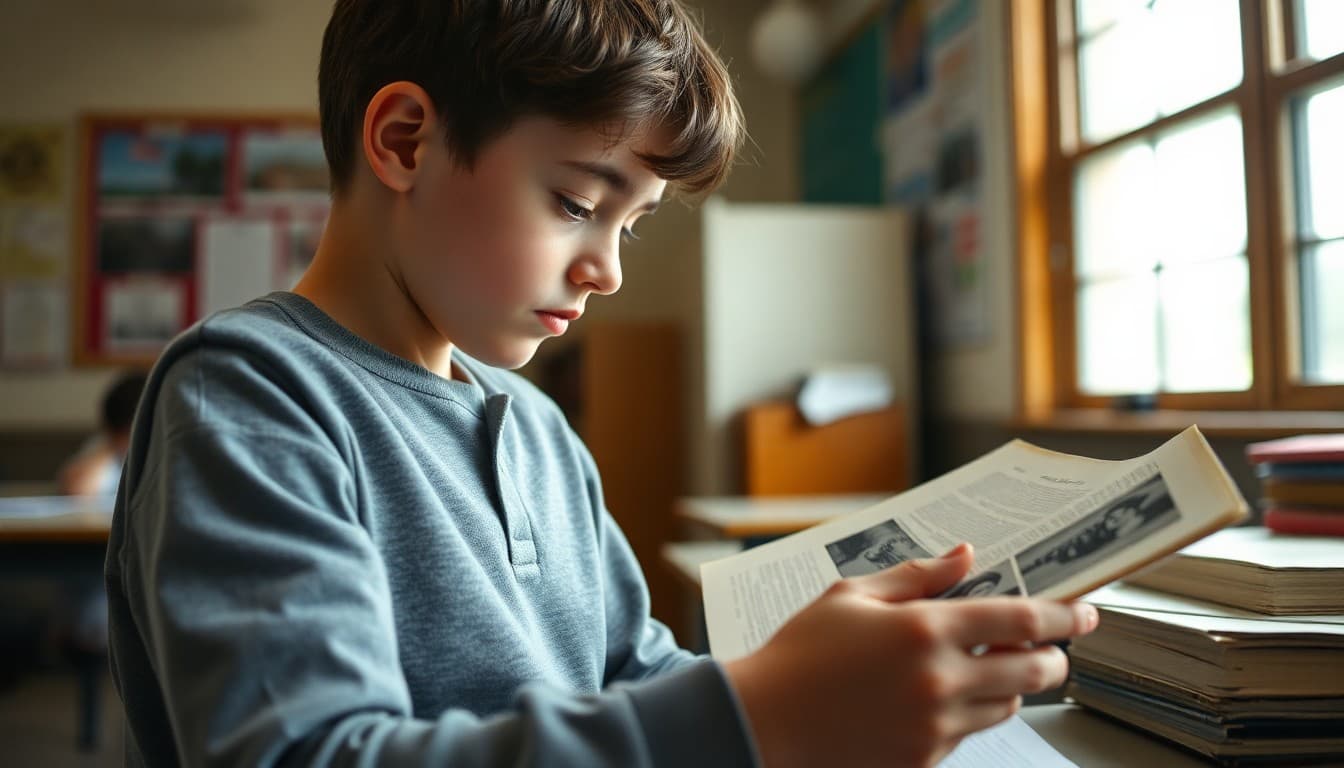Middle school student examining historical photographs and primary source documents for a history research project