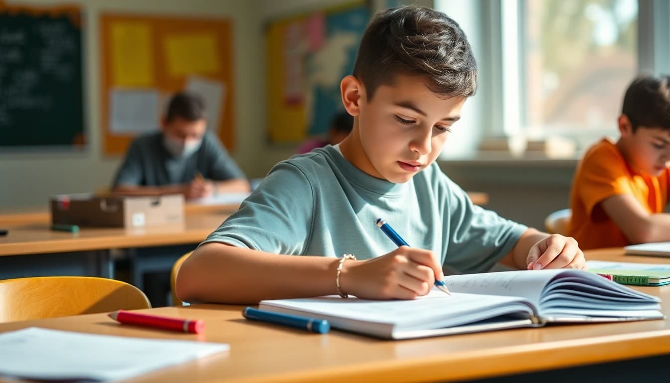 Middle school student solving competition math problems at a desk during a regional math olympiad event